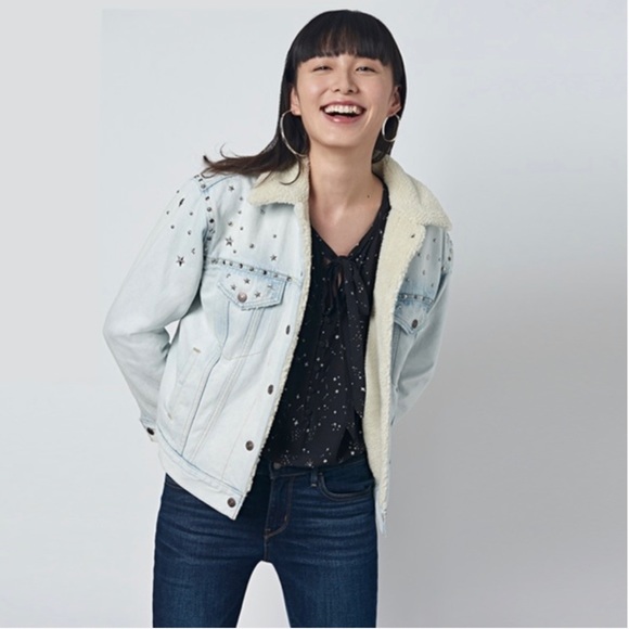 Ex-boyfriend Trucker Jacket Sherpa Lining Star Studded - Picture 15 of 16